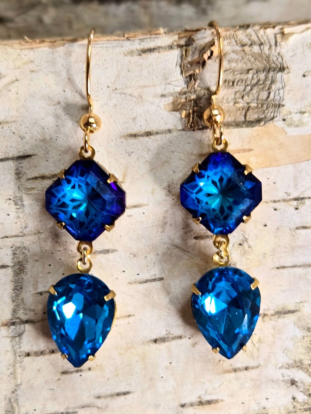 Victorian Stunning Royal Blue Mosaic Crystals In Artisan Handmade Brass Earrings